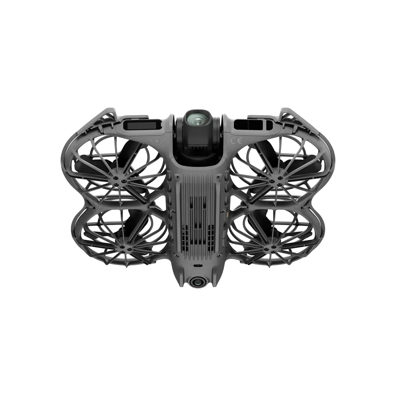 Black drone with fan-like structure on a white background