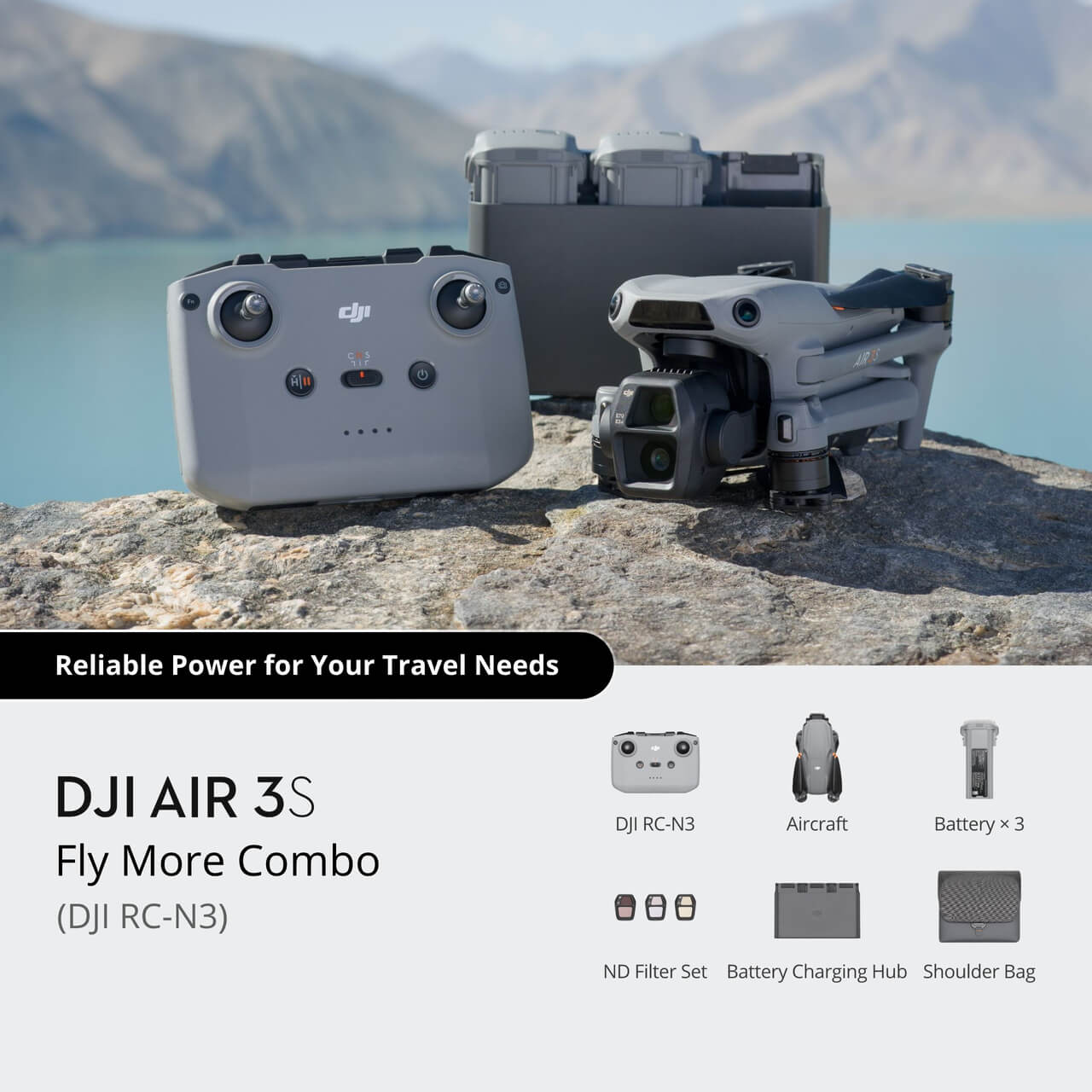 DJI AIR 3S Fly More Combo with accessories on a rock with mountain and water background
