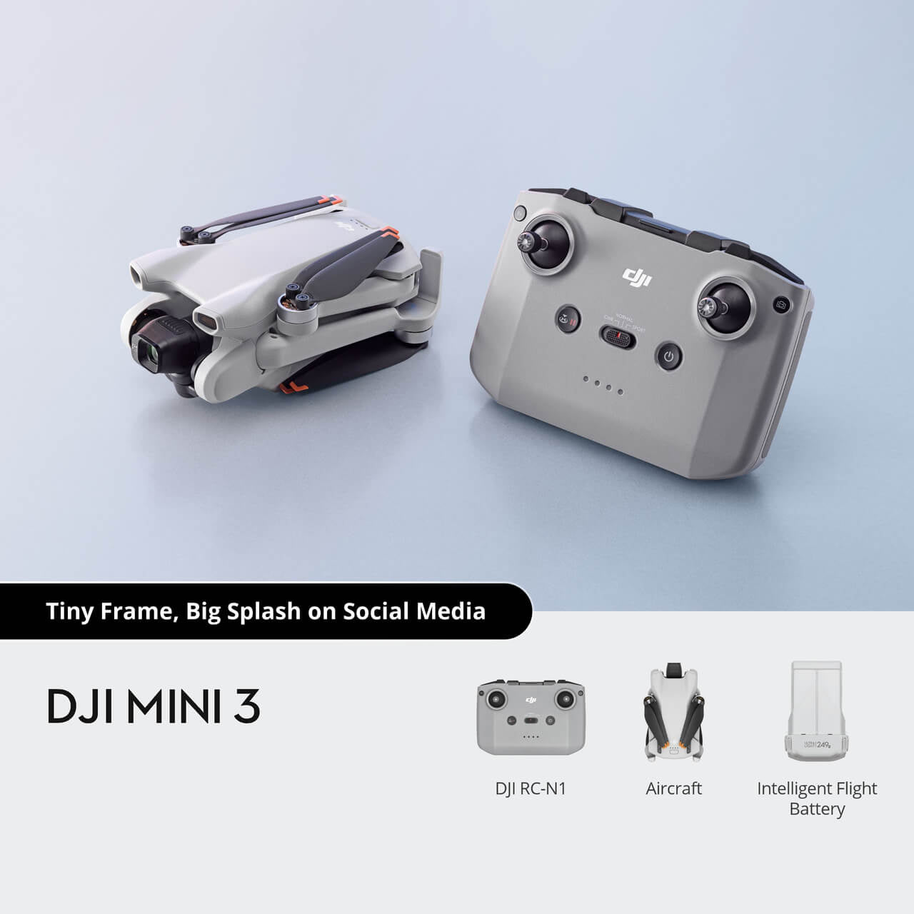 DJI Mini 3 drone and controller on a light blue background