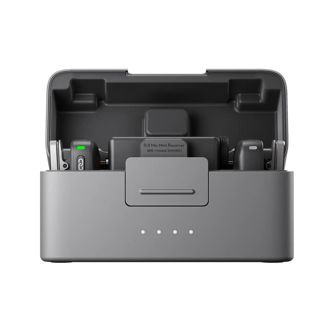 Gray DJI Mic Mini electronic device with components inside on a white background