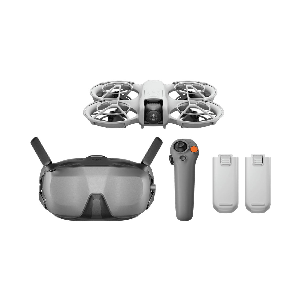 DJI Neo Motion Drone set with goggles, remote control, and batteries on a white background