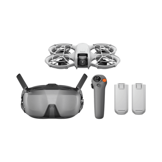 DJI Neo Motion Drone set with goggles, remote control, and batteries on a white background