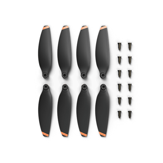 Set of black propellers with orange accents and screws on a black background