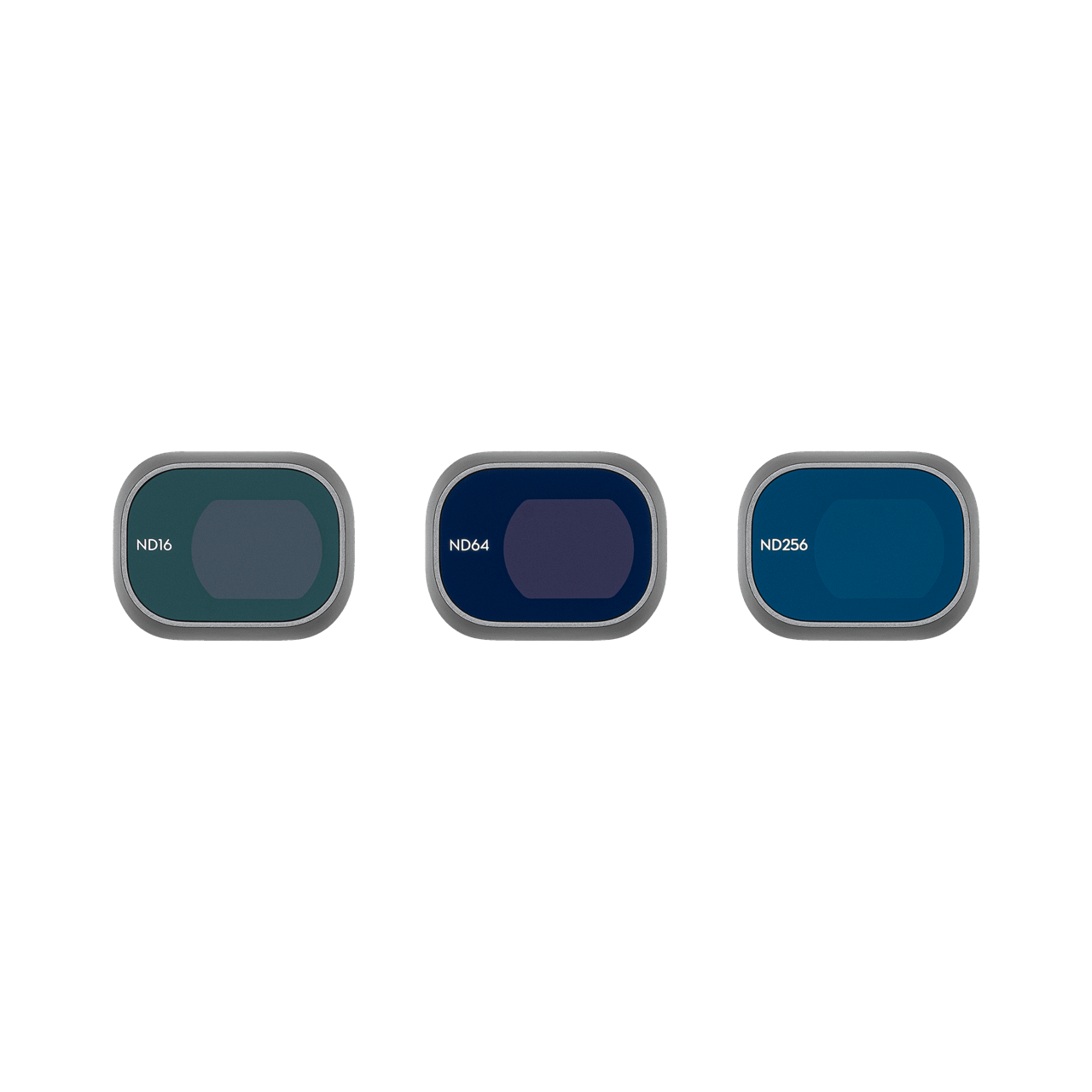 Three circular filters labeled ND16, HD44, and ND256 on a black background.