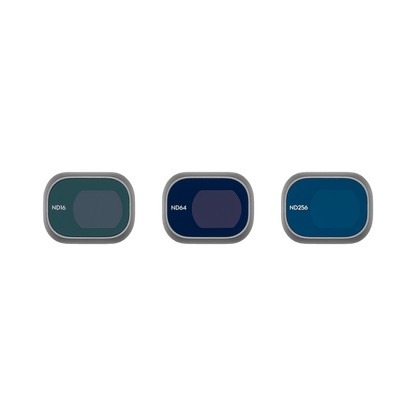Three circular filters labeled ND16, HD44, and ND256 on a black background.