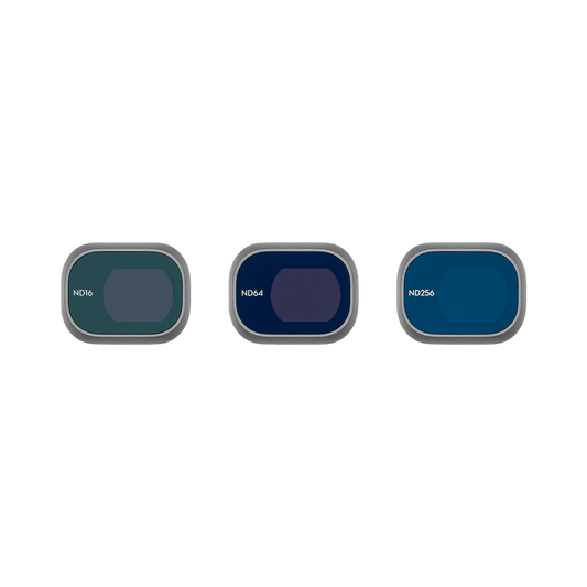 Three circular filters labeled ND16, HD44, and ND256 on a black background.
