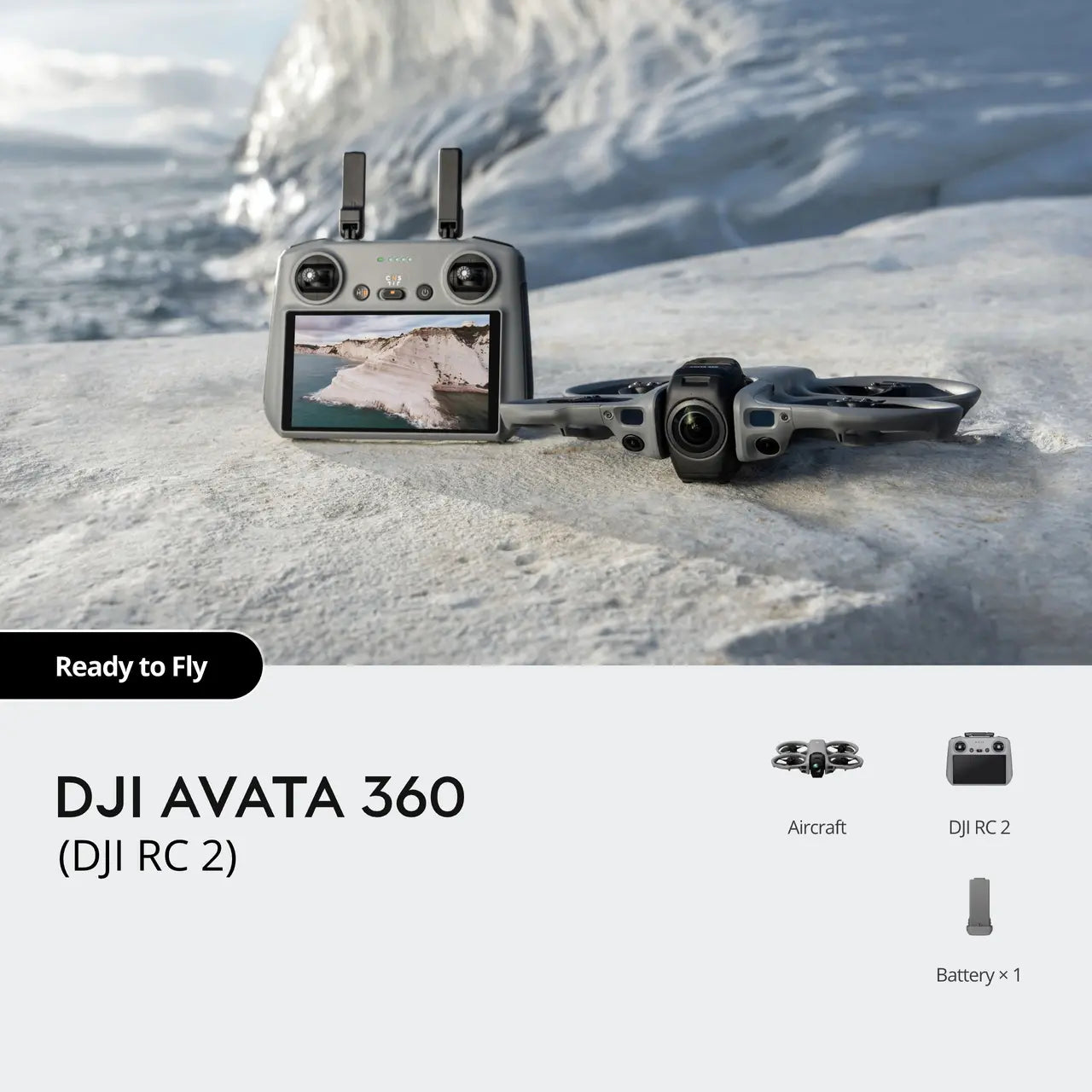 DJI Avata 360 drone on a snowy surface with branding and product details.