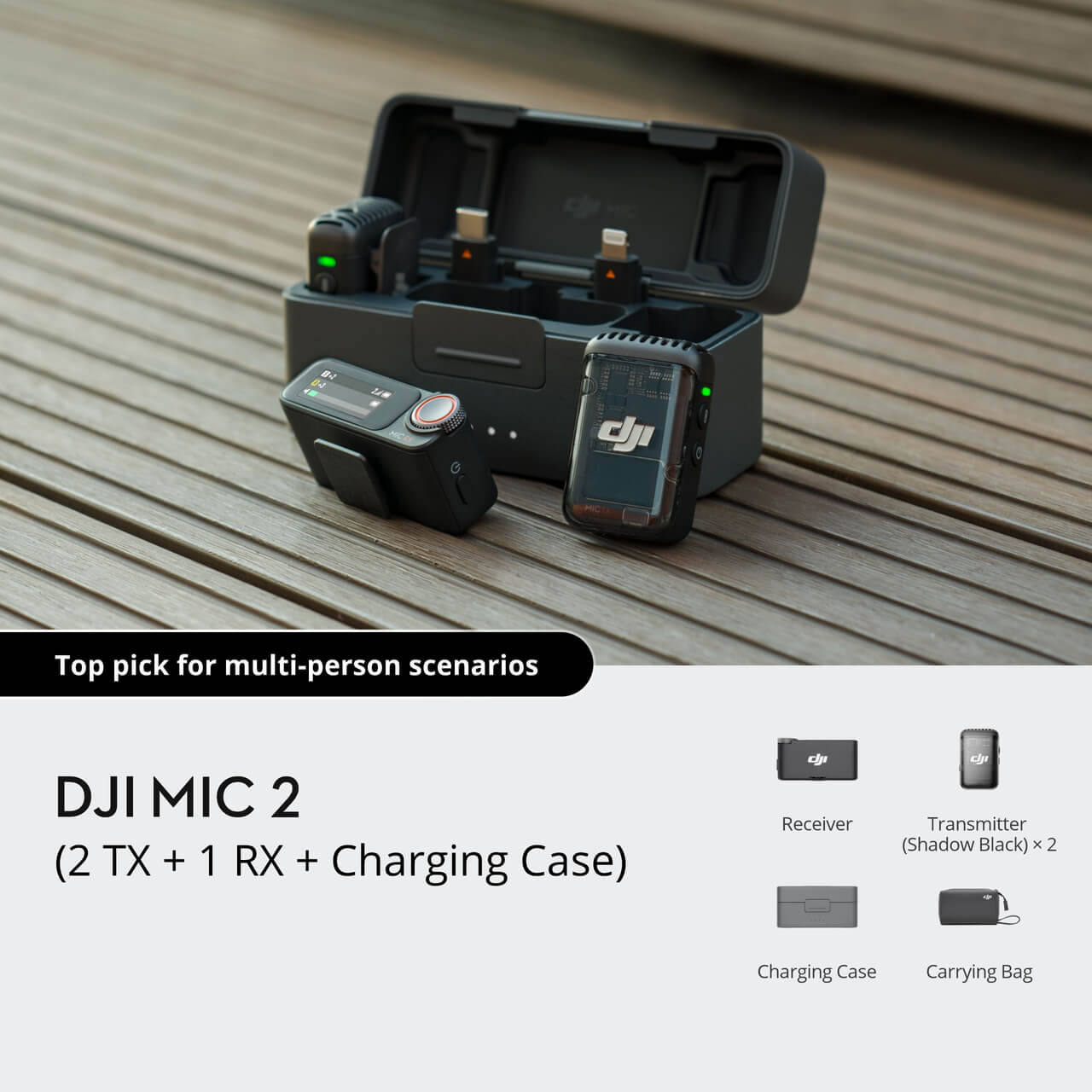 DJI MIC 2 wireless microphone system with receiver, transmitter, and charging case on a wooden surface.