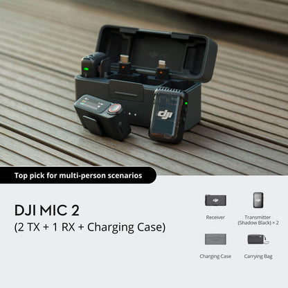 DJI MIC 2 wireless microphone system with receiver, transmitter, and charging case on a wooden surface.