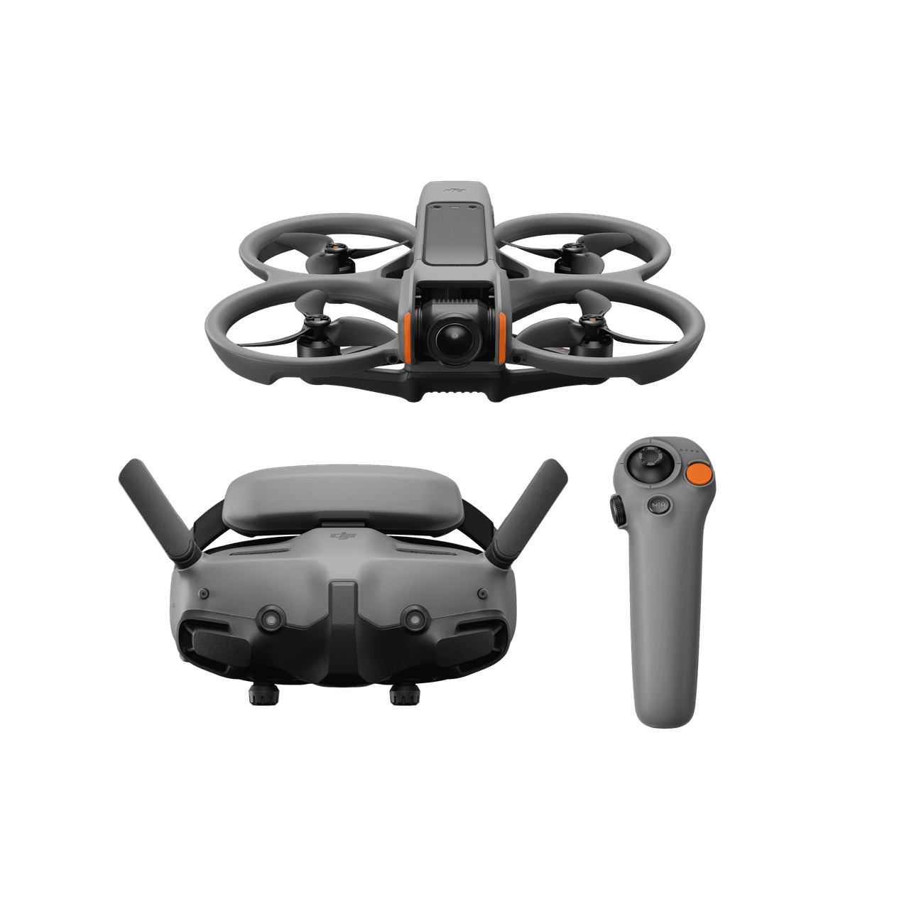 DJI Avata 2 Drone, goggles, and remote control on a black background