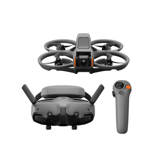 DJI Avata 2 Drone, goggles, and remote control on a black background
