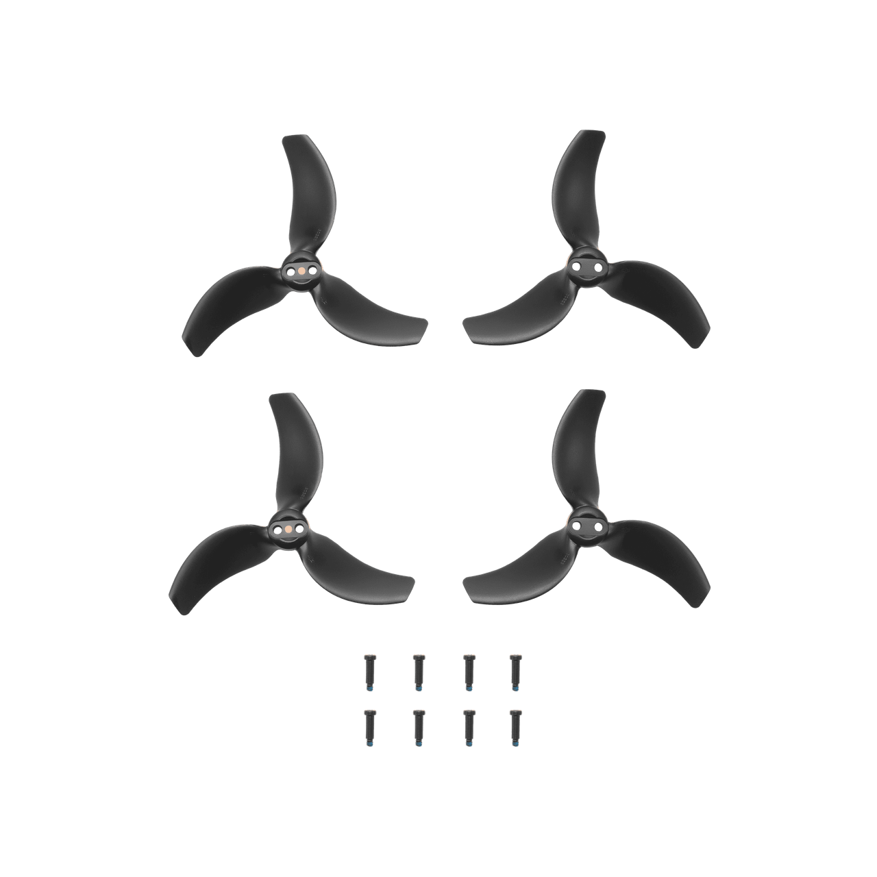 Four black propellers with screws on a transparent background