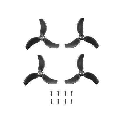 Four black propellers with screws on a transparent background