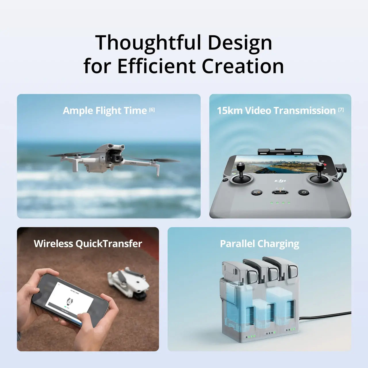 Product features with text on a blue background