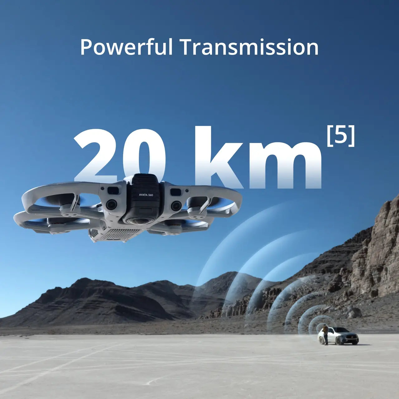 Drone with 'Powerful Transmission 20 kmµ' text over a desert landscape