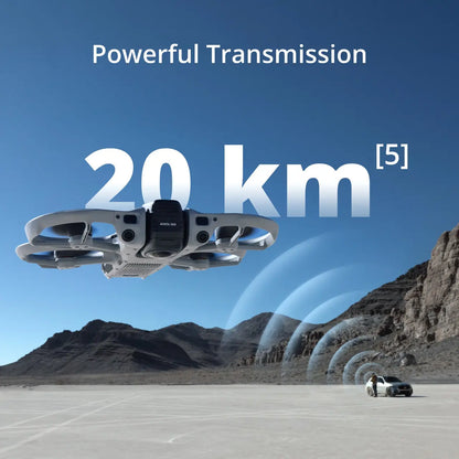 Drone with 'Powerful Transmission 20 kmµ' text over a desert landscape