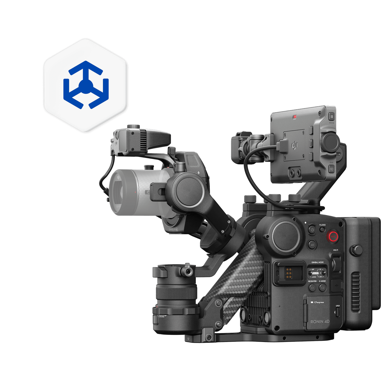 Camera rig with multiple lenses and a brand logo on a black background