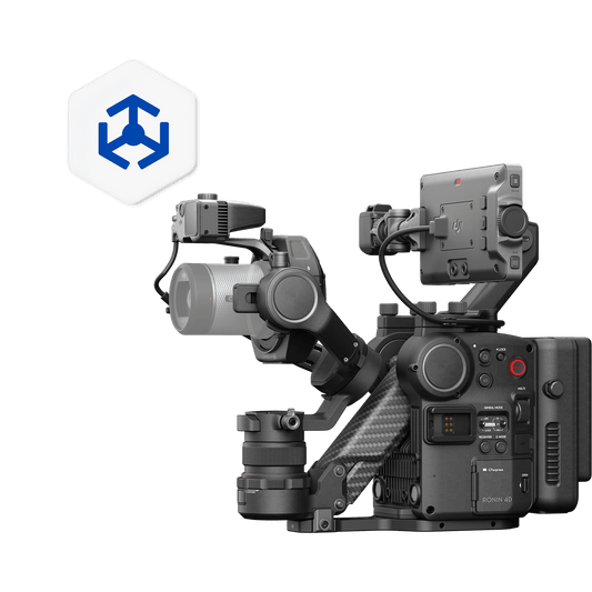 Camera rig with multiple lenses and a brand logo on a black background
