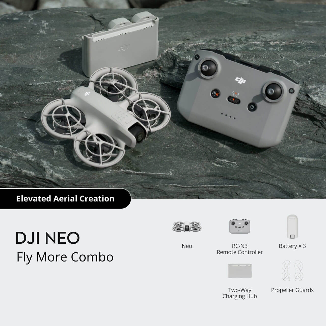 DJI NEO Fly More Combo drone and controller on a stone surface with product details below.