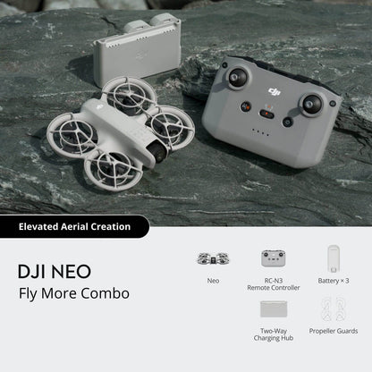 DJI NEO Fly More Combo drone and controller on a stone surface with product details below.