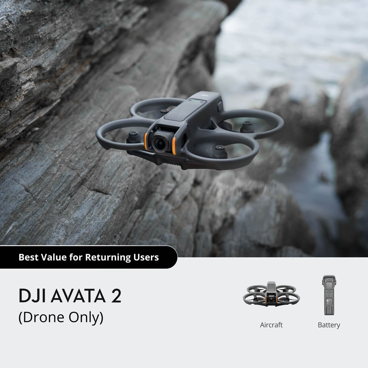 DJI AVATA 2 drone in flight with rocky and water background