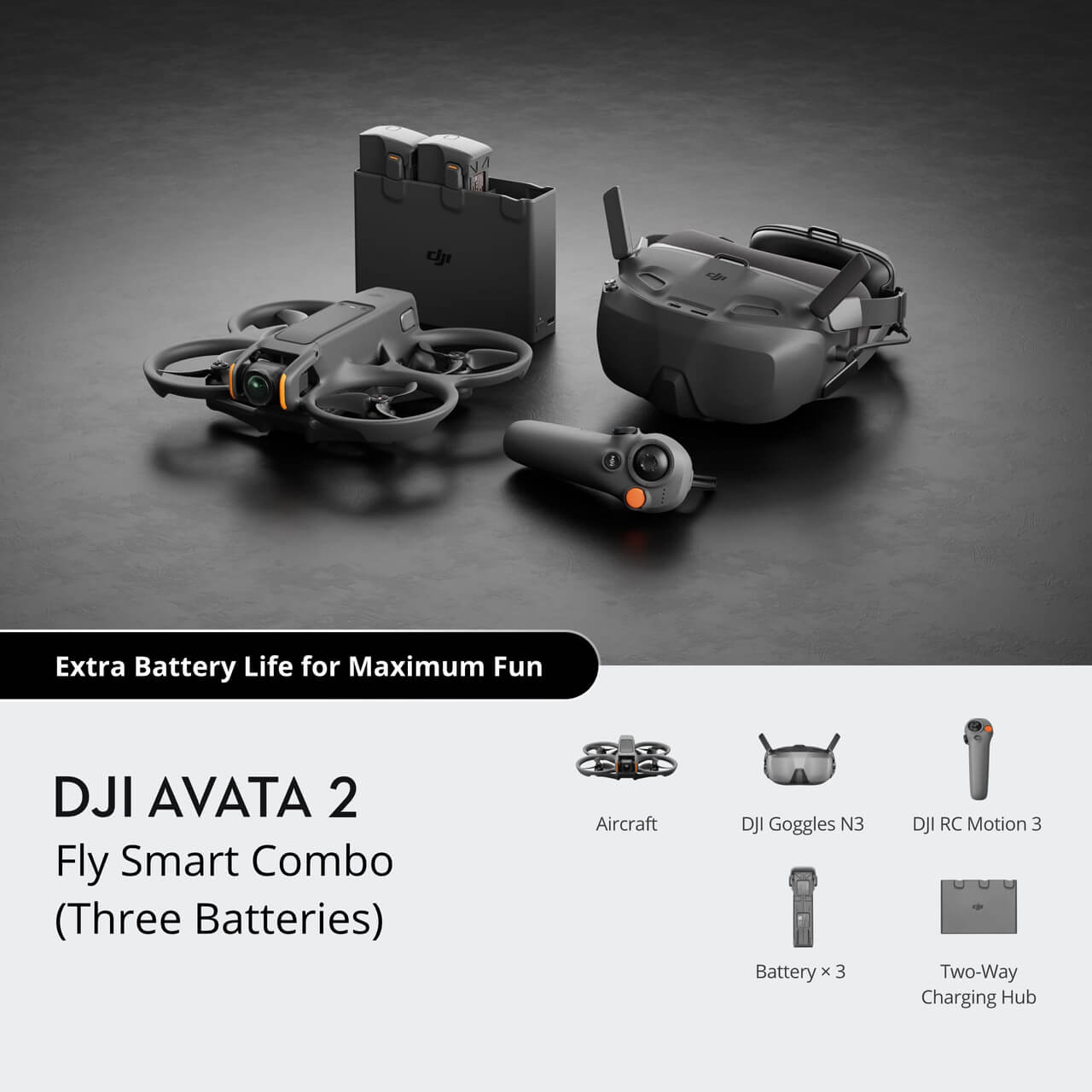 DJI Avata 2 Fly Smart Combo with drone, goggles, and batteries on a dark background