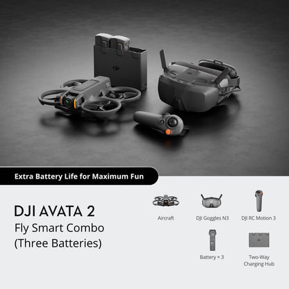 DJI Avata 2 Fly Smart Combo with drone, goggles, and batteries on a dark background