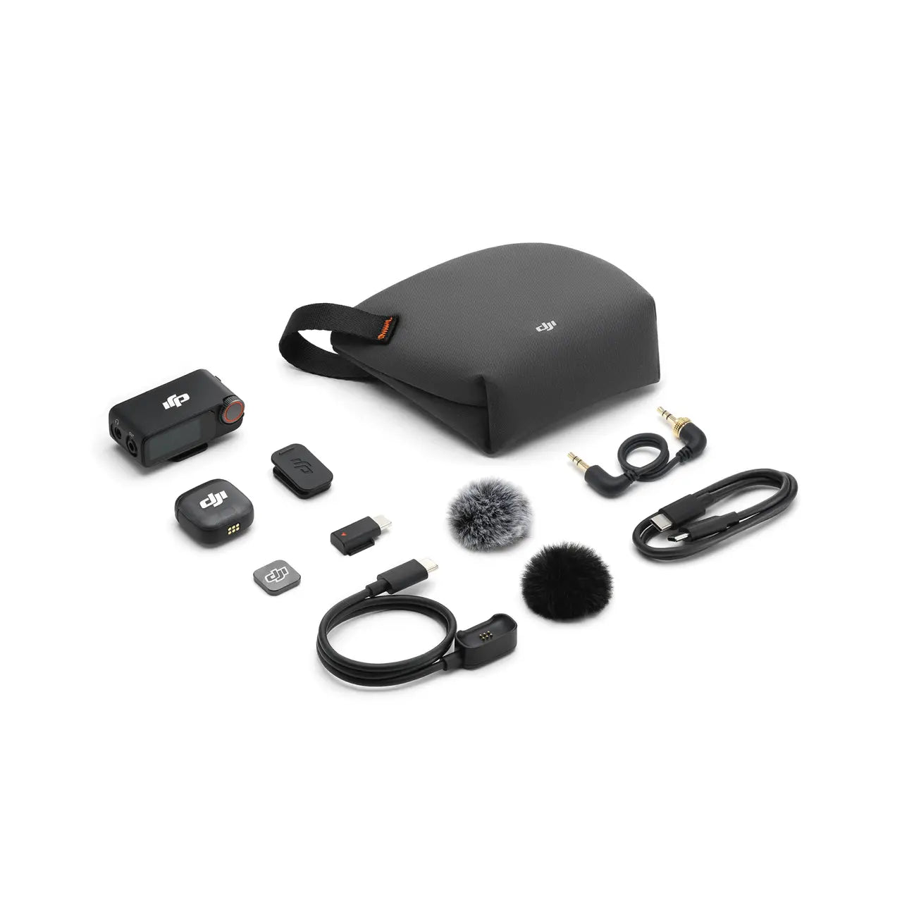 Collection of DJI Mic 3 electronic accessories including a bag, microphone, and cables on a white background