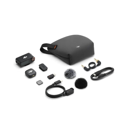 Collection of DJI Mic 3 electronic accessories including a bag, microphone, and cables on a white background