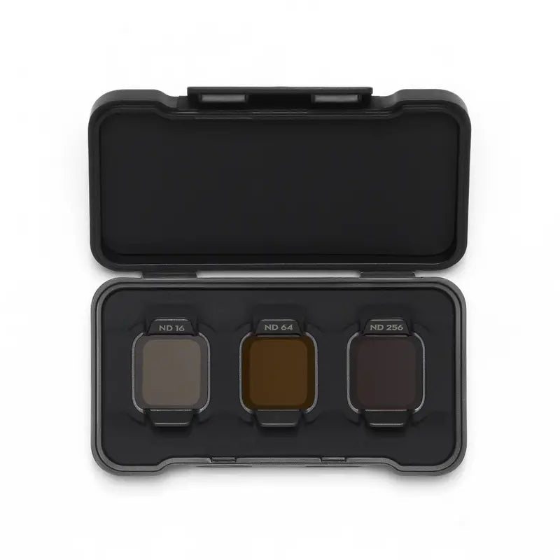 Black case with three color filters on a white background