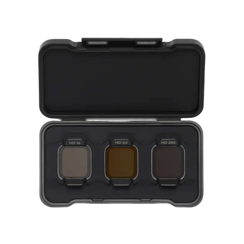 Black case with three color filters on a white background