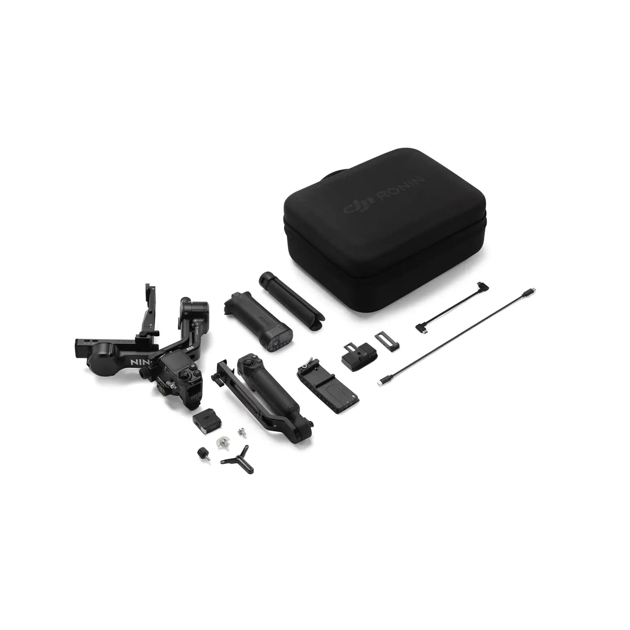 Black camera equipment set with carrying case on a white background