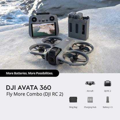 DJI Avata 360 Fly More Combo on a snowy surface with text about additional batteries and possibilities.