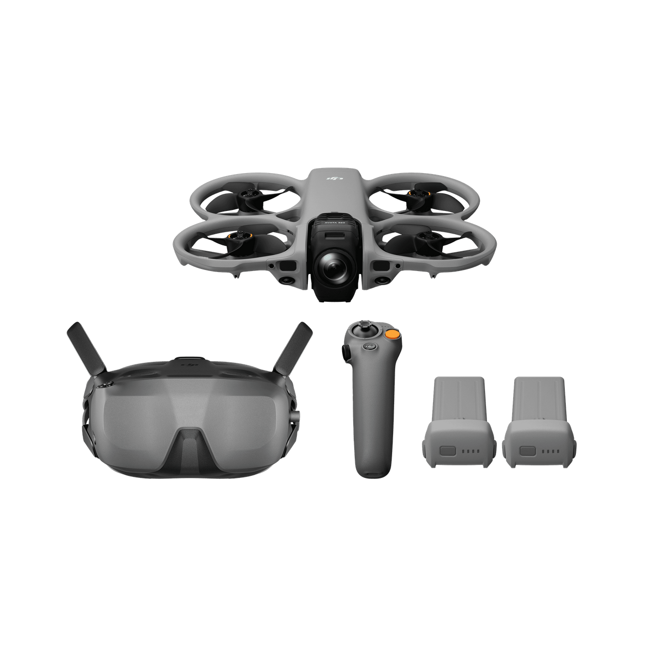 Drone with goggles, remote control, and batteries on a black background