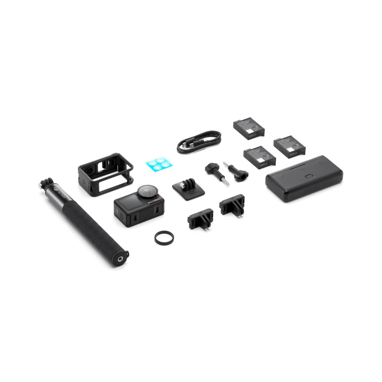 Collection of action 5 pro adventure combo black camera accessories on a white background