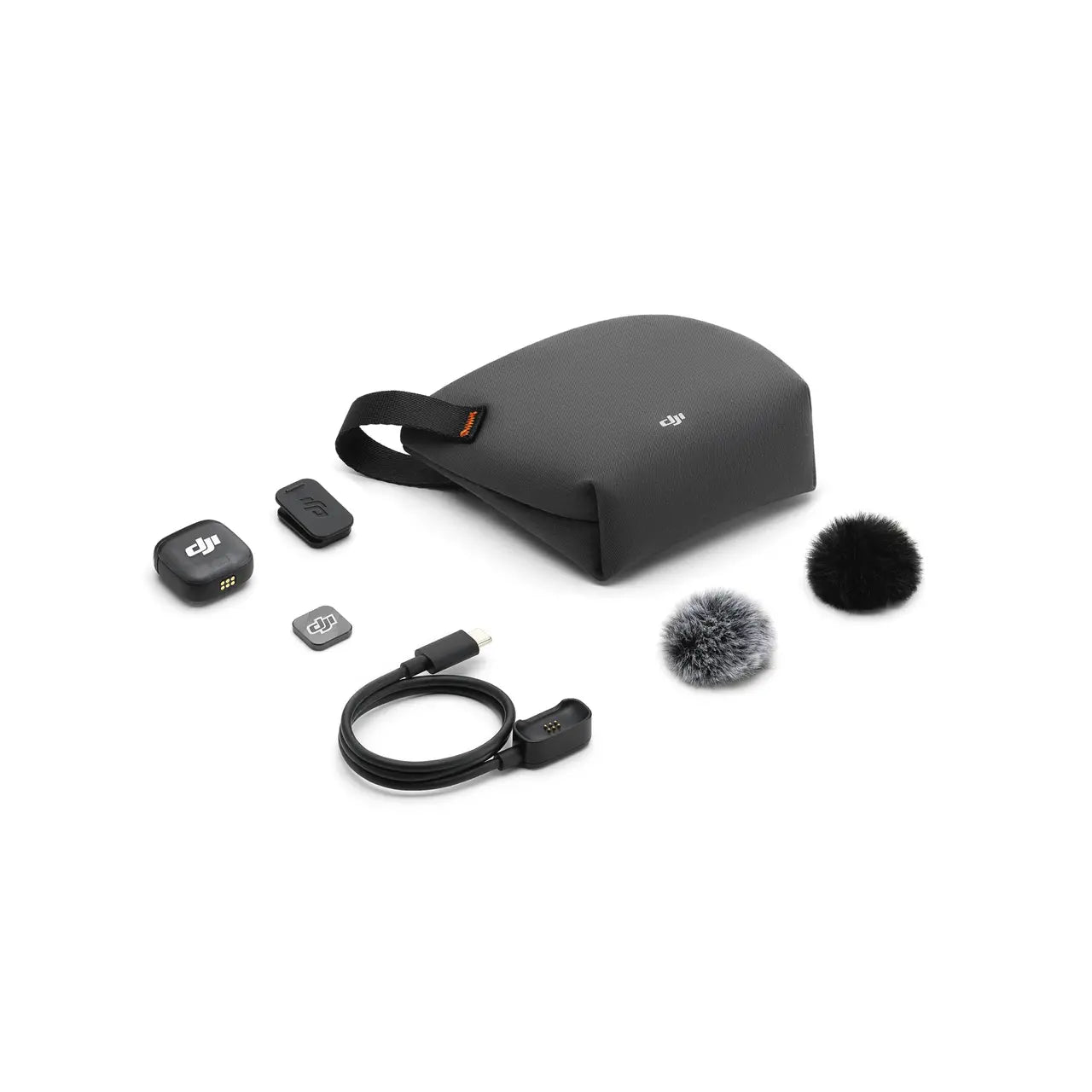 Collection of DJI microphone accessories on a white background