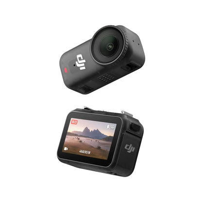 Two DJI action cameras on a white background