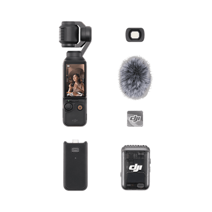 DJI Osmo Pocket 3 camera with accessories on a black background