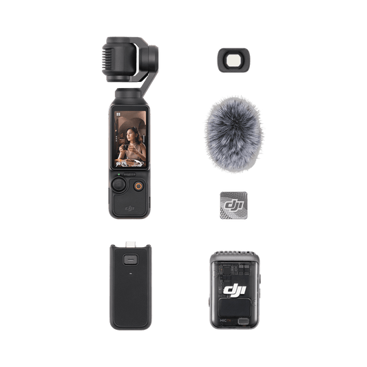 DJI Osmo Pocket 3 camera with accessories on a black background