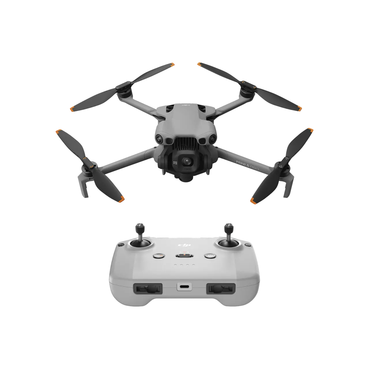 Drone with four propellers and a remote control on a white background