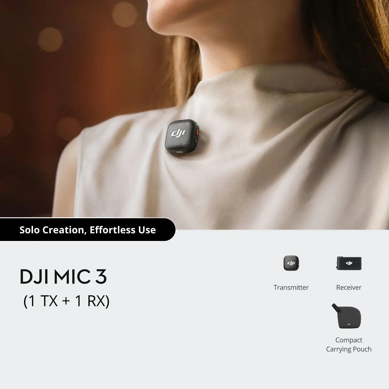 DJI Mic 3 wireless microphone system worn by a person with a blurred background