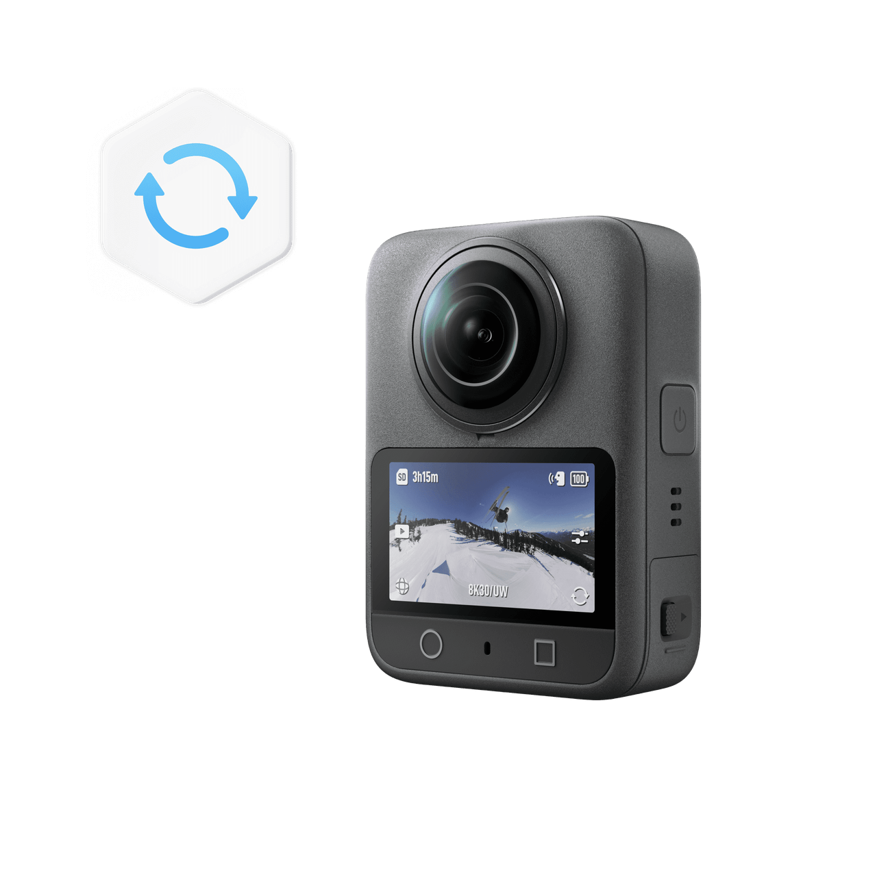 Action camera with display screen on a black background
