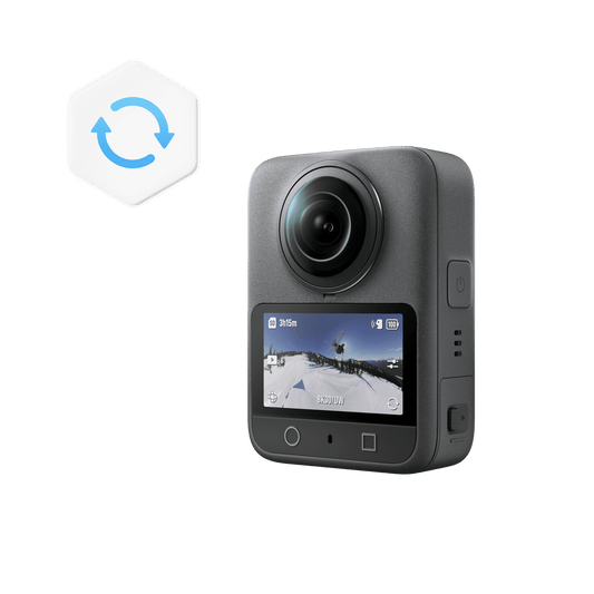 Action camera with display screen on a black background