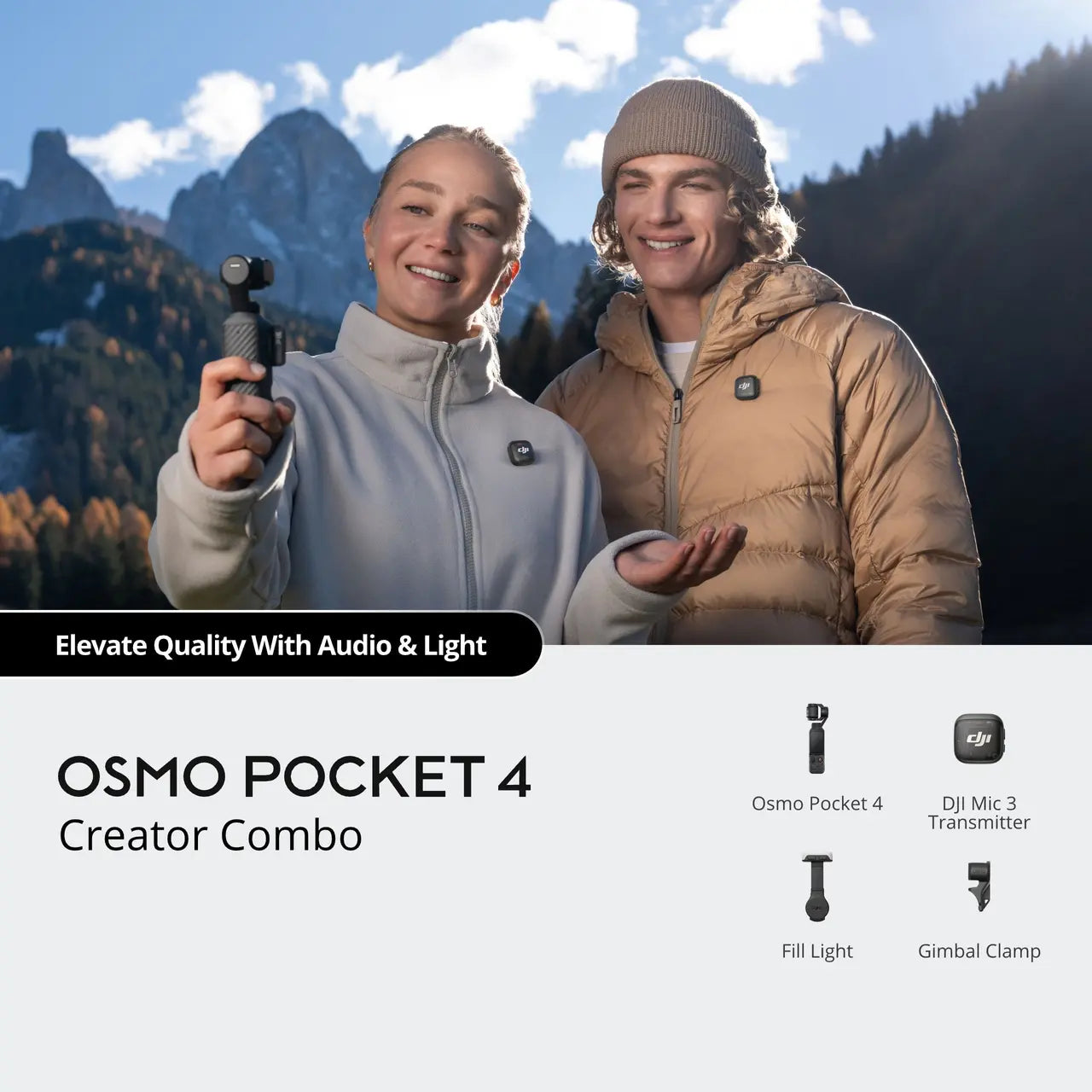 Two people in a mountainous area with Osmo Pocket 4 and DJI Mic 3 equipment displayed.