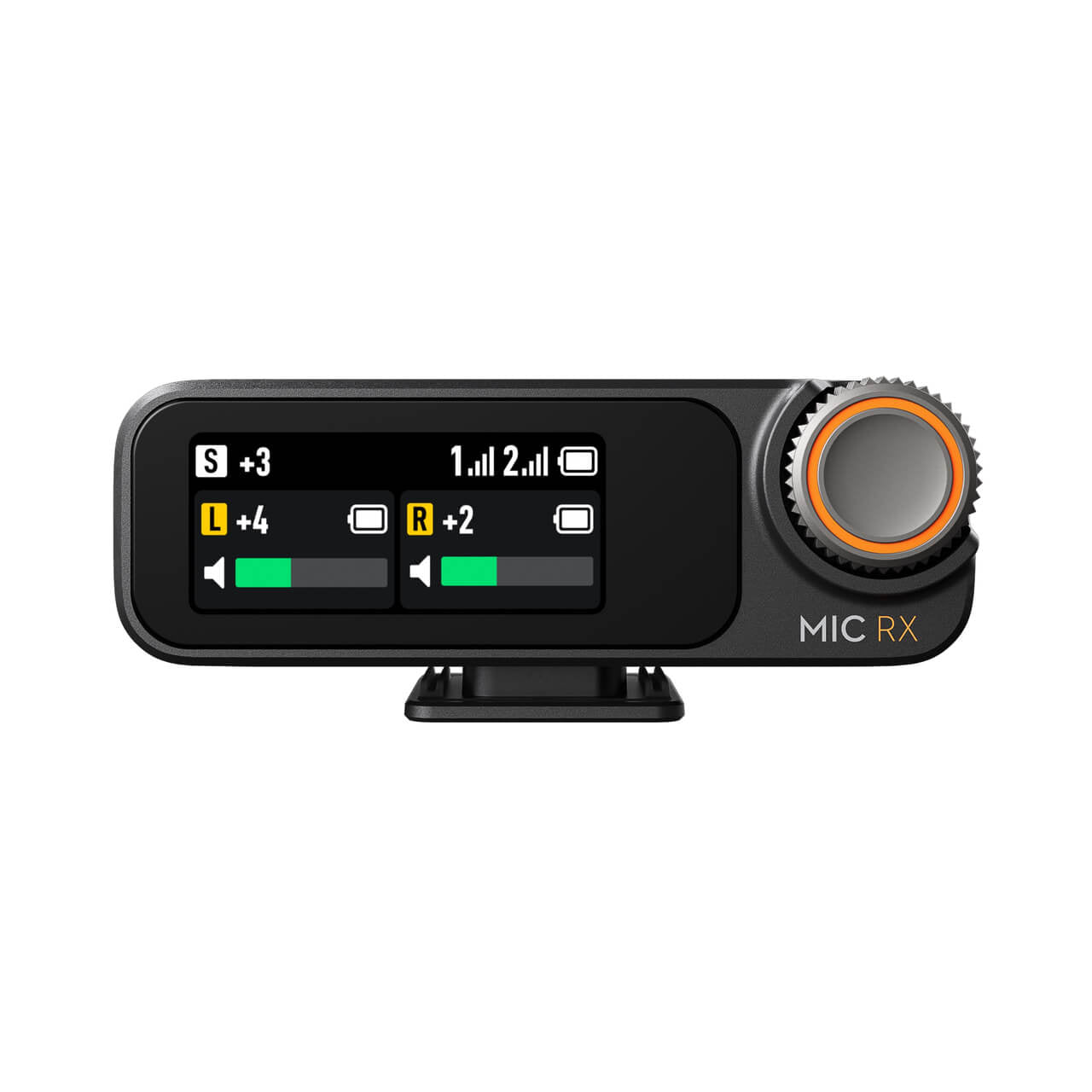 Black DJI Mic 2 receiver with display and control knob on a white background
