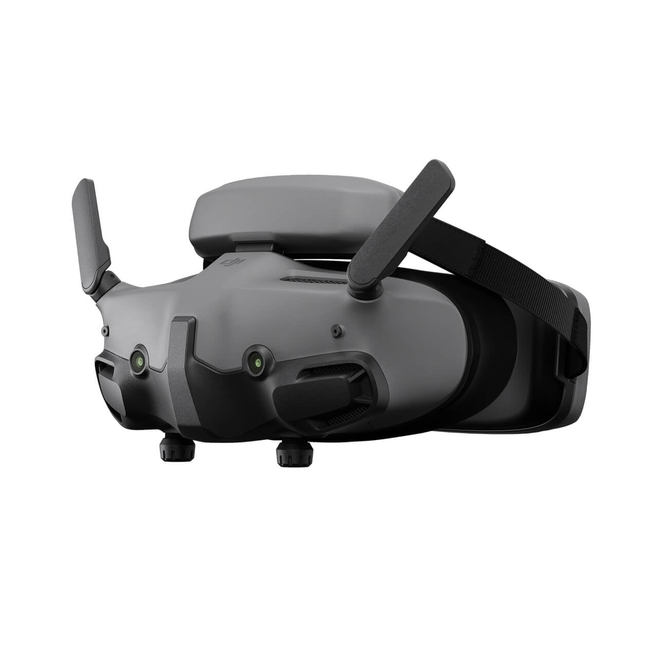 Gray drone goggle with black arms on a white background