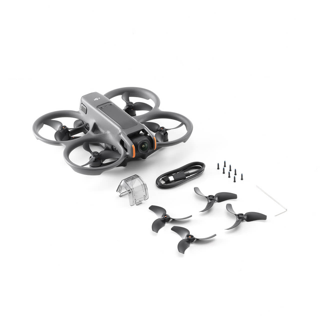 DJI Avata 2 Small drone with propellers and accessories on a white background