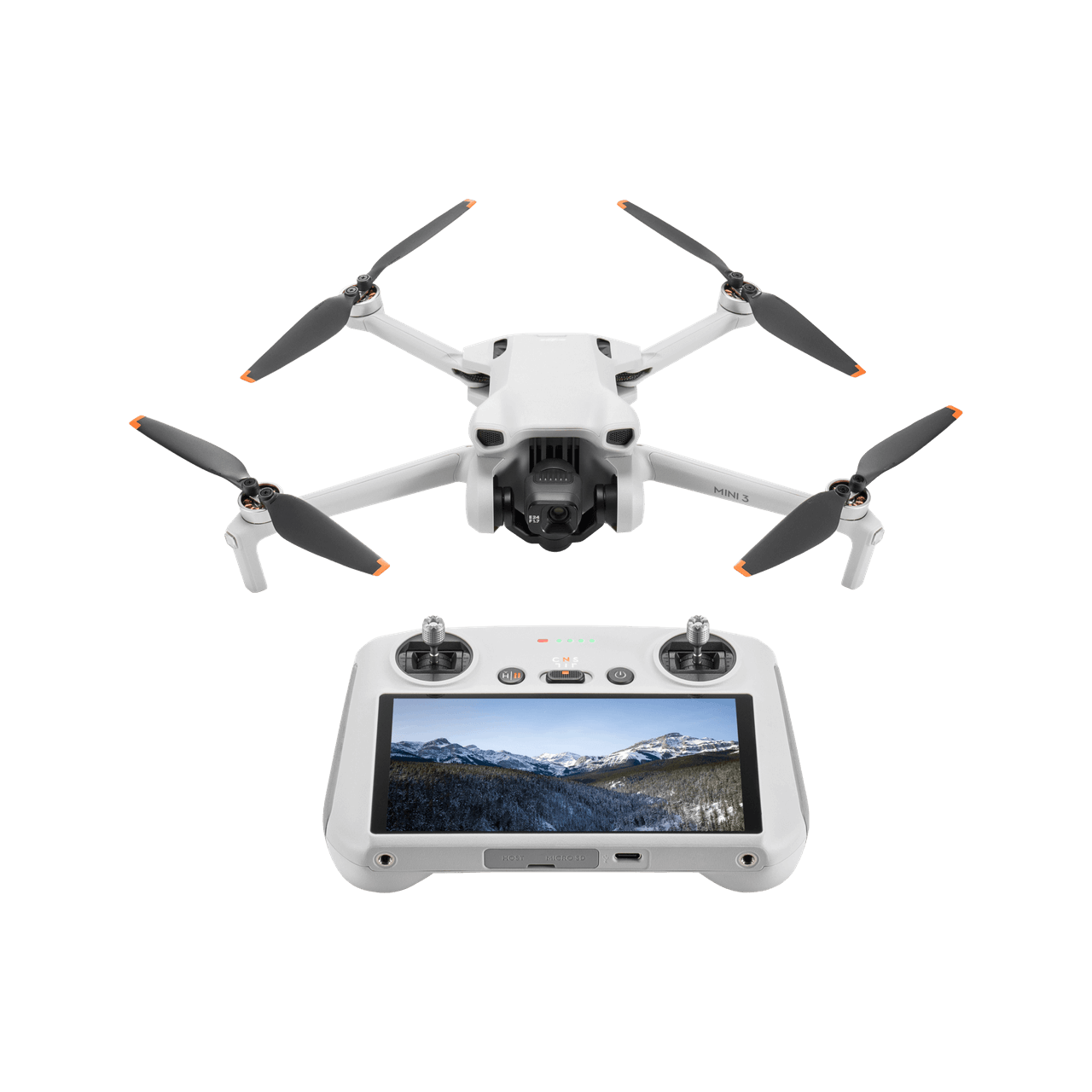 DJI mini 3K White drone with four propellers and a remote control device on a black background
