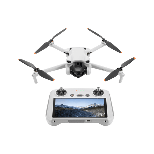 DJI mini 3K White drone with four propellers and a remote control device on a black background