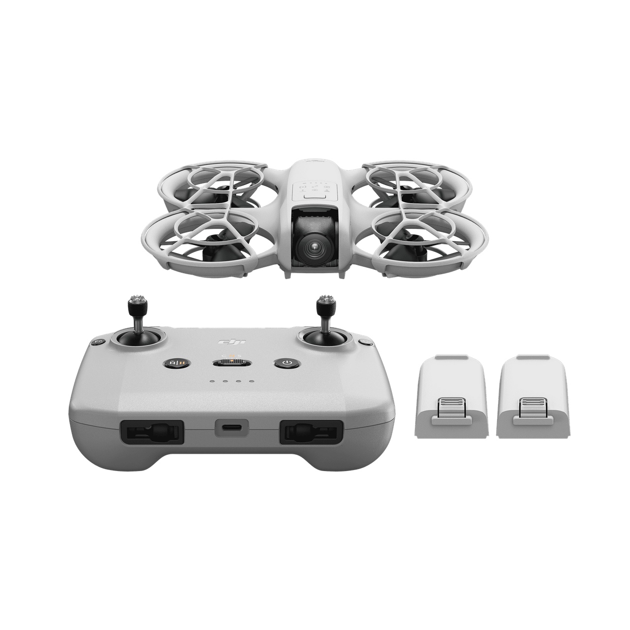 DJI Neo fly more combo White drone with controller and two batteries on a black background